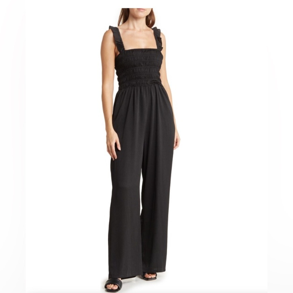 Black NSR Smocked Ruffle Trim Jumpsuit
